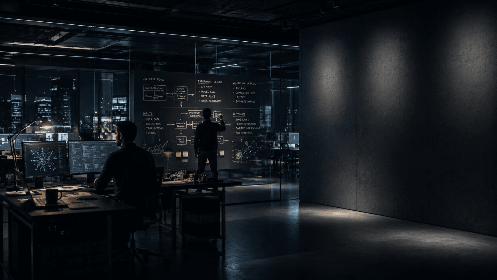 Dark office validation room with experiment design and metrics on glass