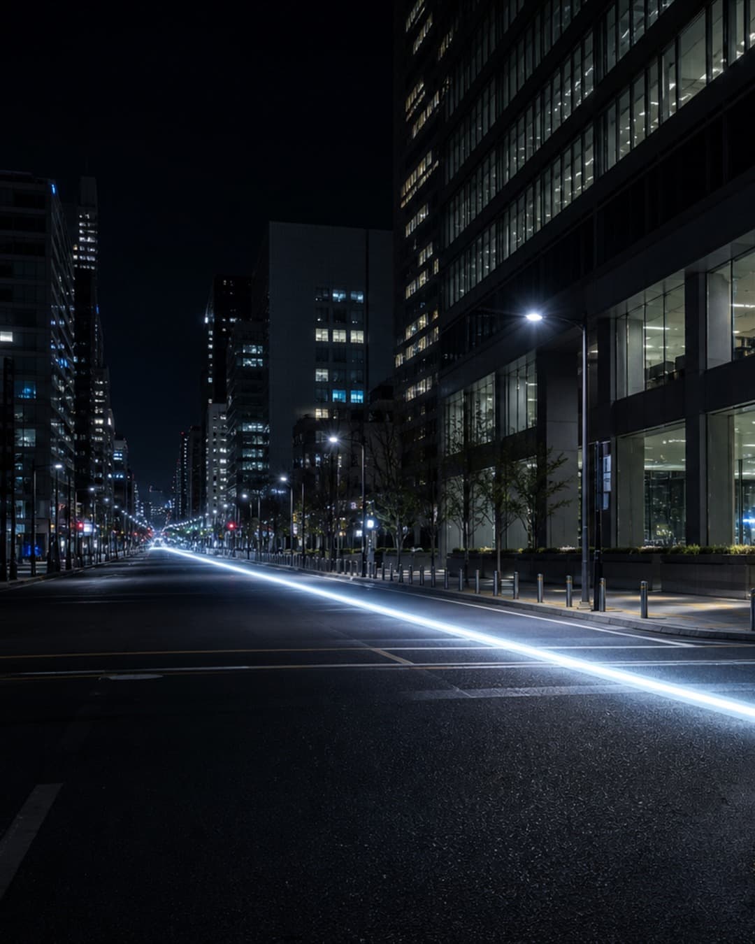 Light beam down a city street at night