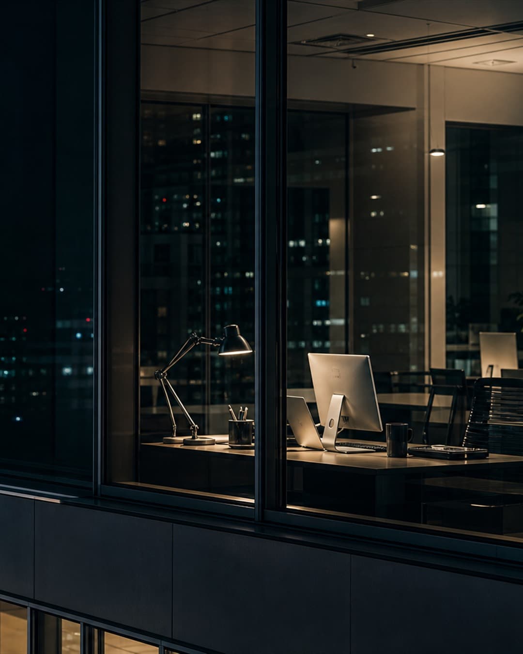 Office windows lit at night